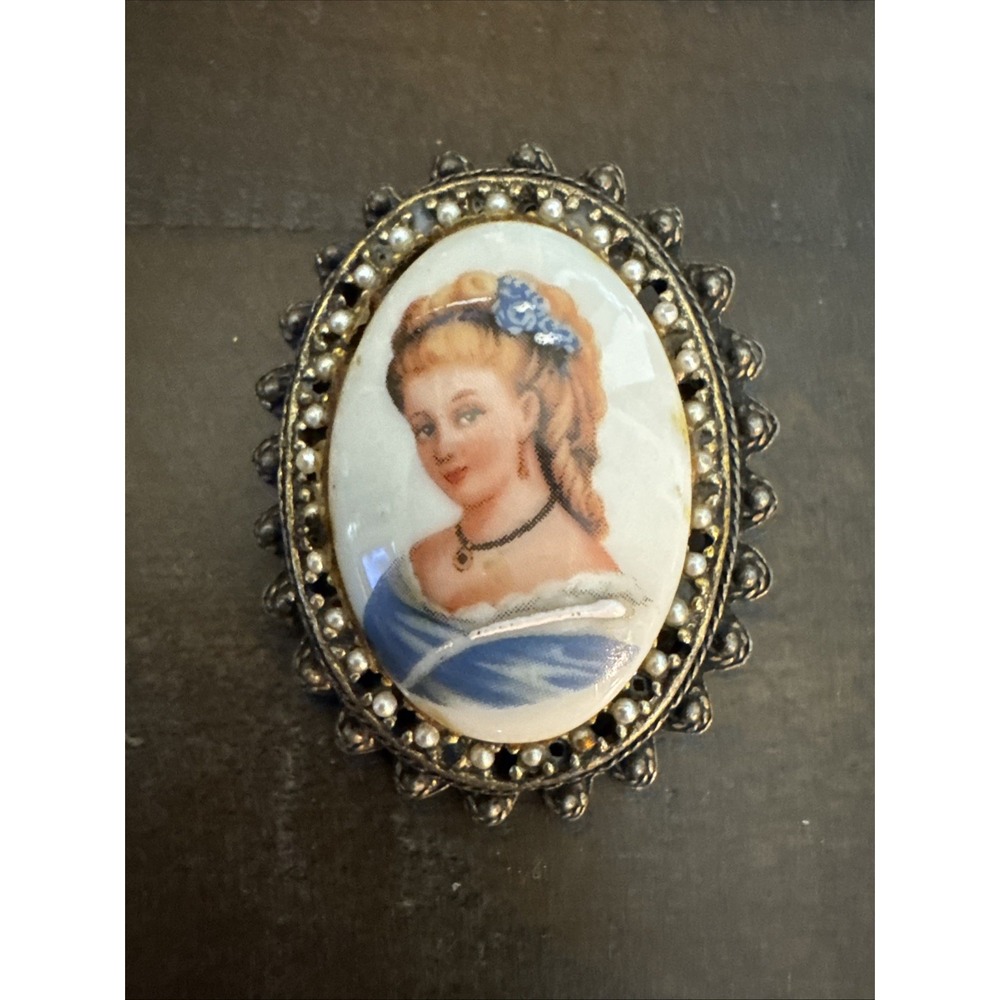 Vintage Limoges France Lovely Lady Blue White Porcelain Brooch Pin